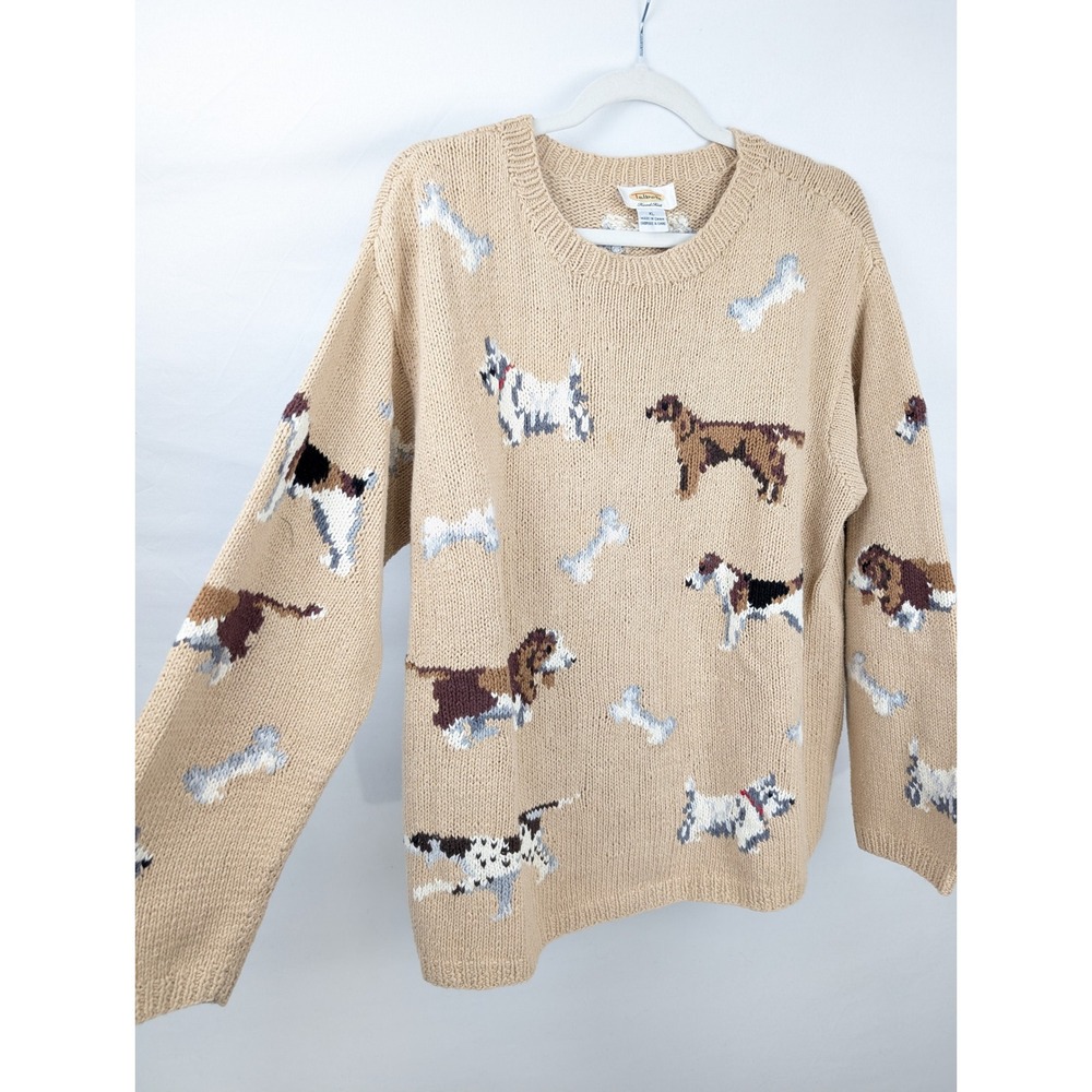 Vintage 90s Hand Knit Puppy Dog Sweater Sz XL Tan Novelty Linen Bone Cottagecore